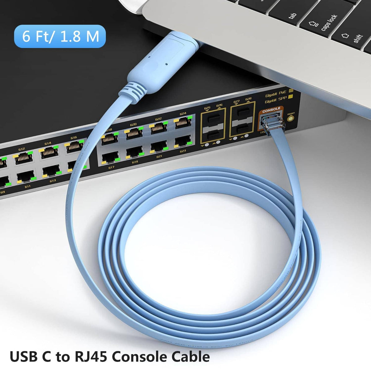 USB-C to RJ45 console cable connected to console ports on a networking switch/router