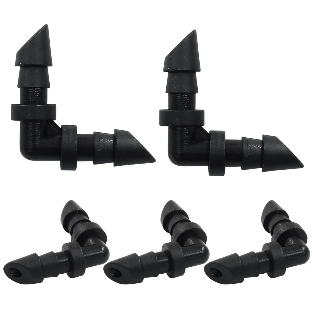 Black 1/4 in barbed drip elbow coupling fittings, two side views and three loose
