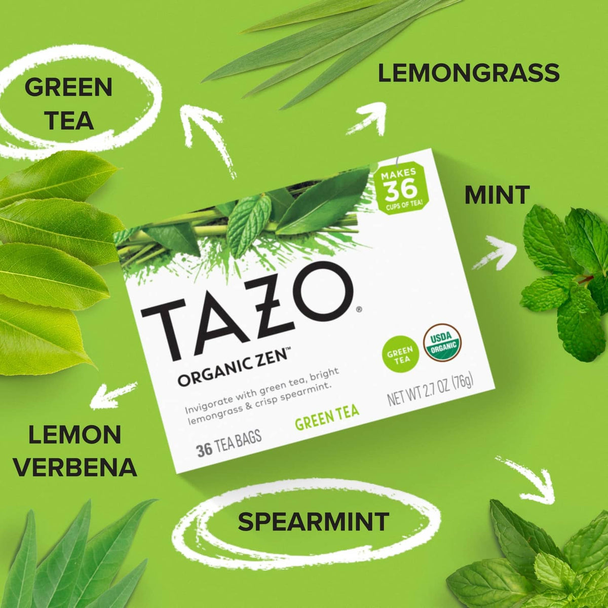 TAZO Organic Zen green tea box with spearmint and lemongrass