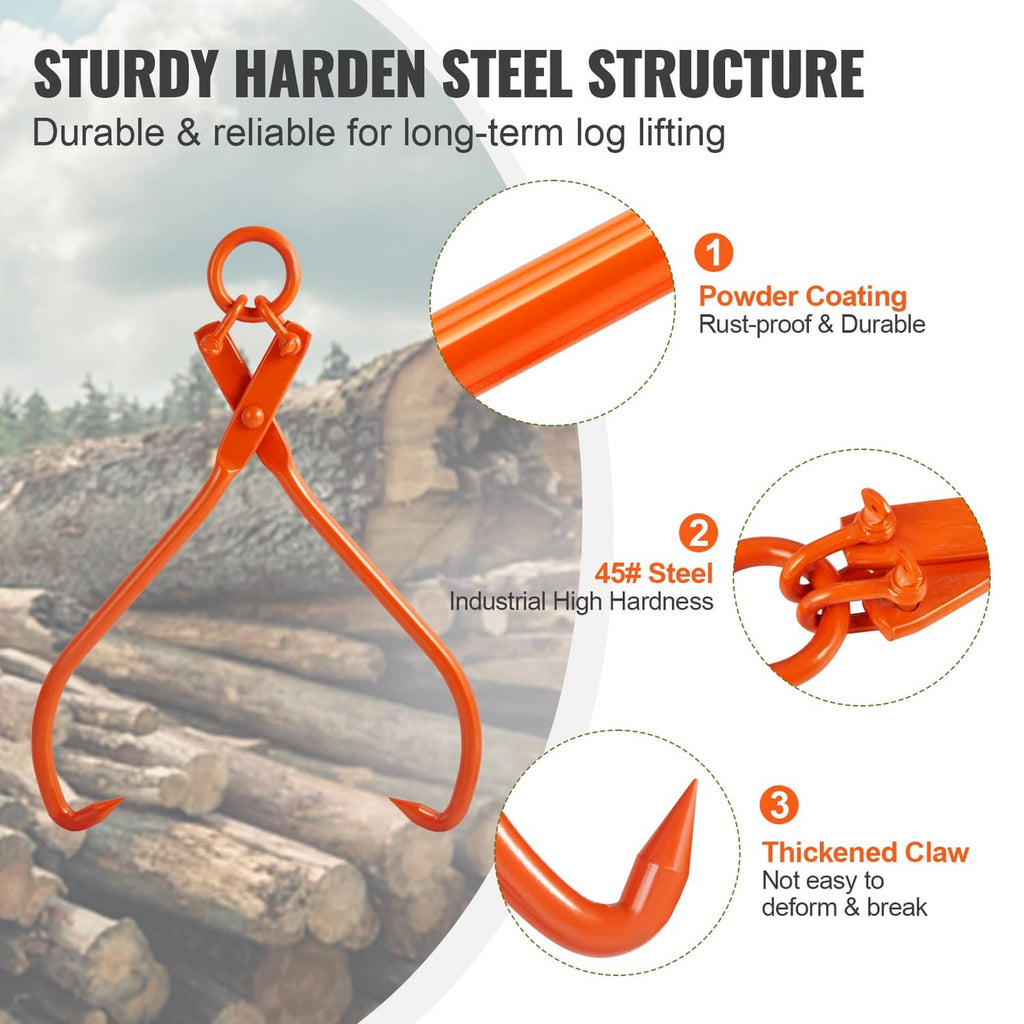 Orange heavy-duty 2-claw log tongs with thick steel frame and curved claws