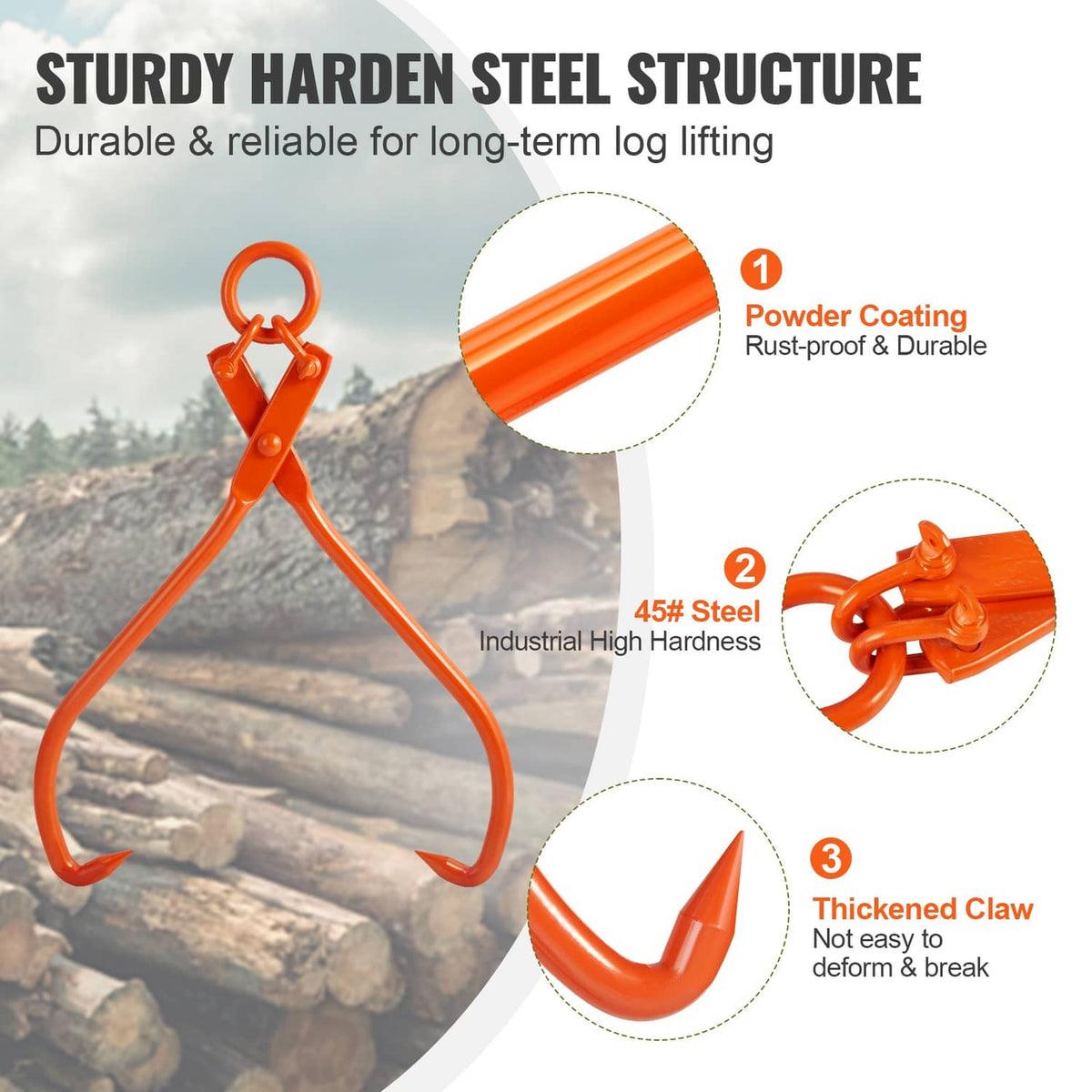 Orange heavy-duty 2-claw log tongs with thick steel frame and curved claws