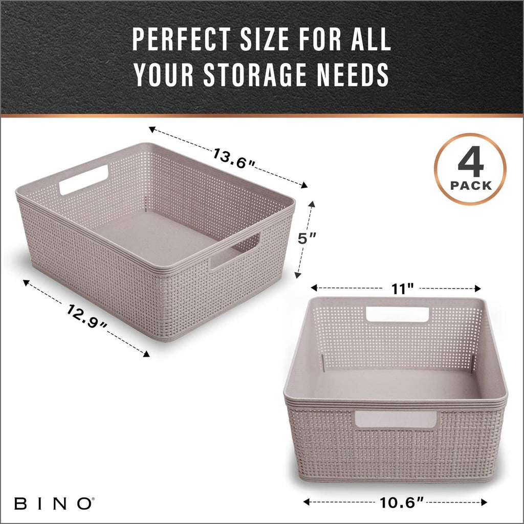 Small woven plastic storage baskets, natural grey, open-top with cutout handle, size view