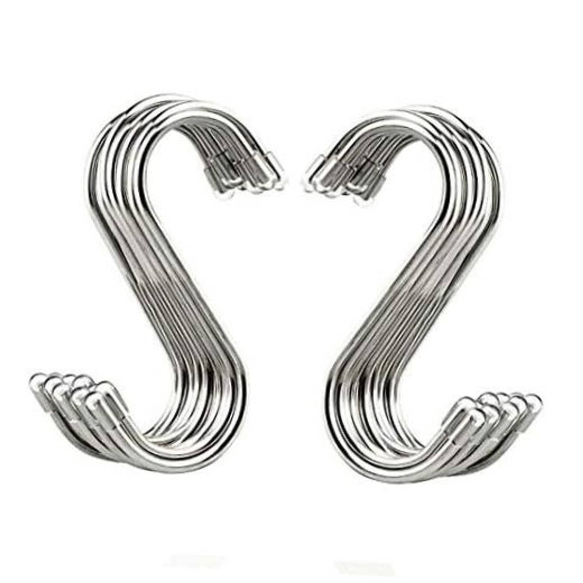 Set of shiny stainless S-shaped hanging hooks with plastic-coated ends