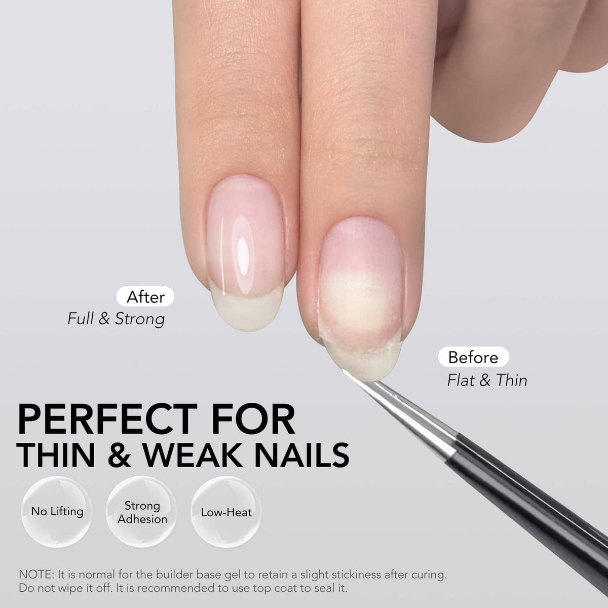 Nail builder base on natural nails, showing before and after curved coverage