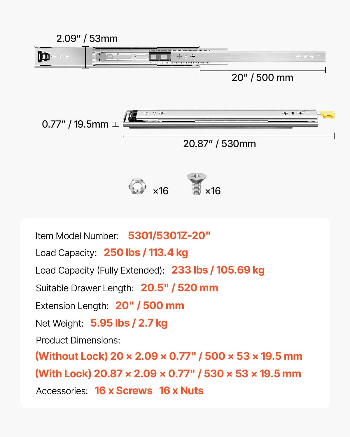20 in full-extension drawer slide specs with load capacity and item model details