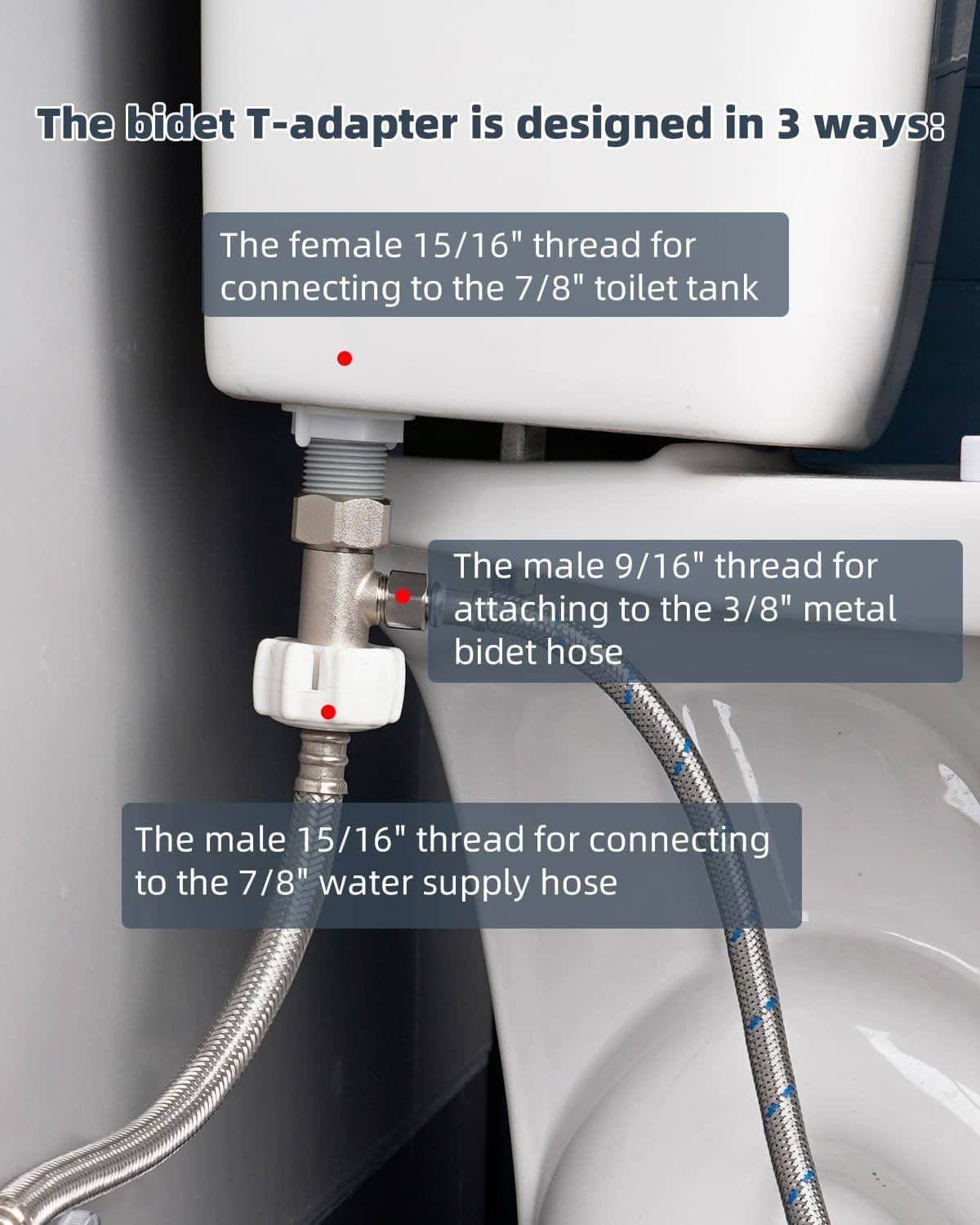 Metal bidet T-adapter on toilet with 15/16 and 9/16 threads connected to 3/8 hose