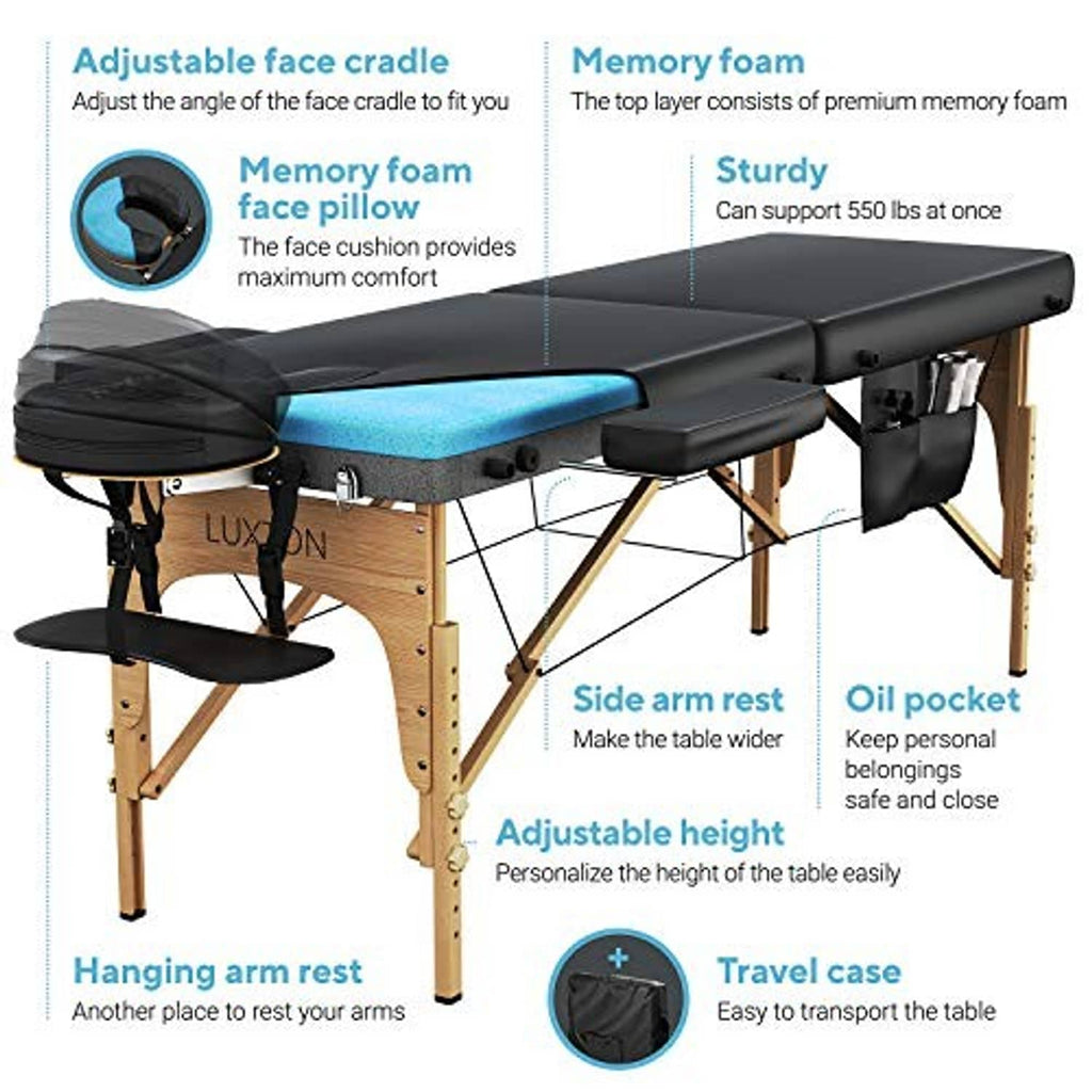 Portable massage table set with blue memory-foam top, black armrests, side oil pocket, case