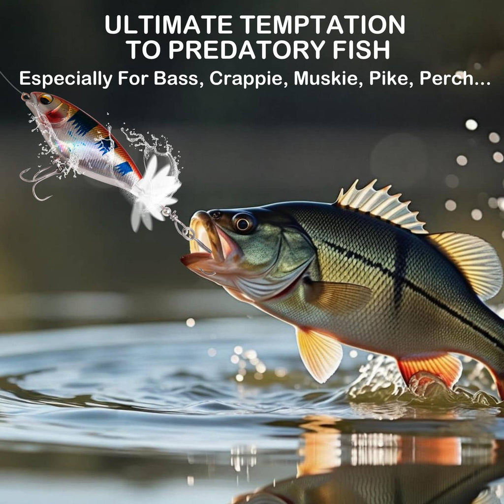 Metallic blue topwater lure with treble hooks and rotating blade tail