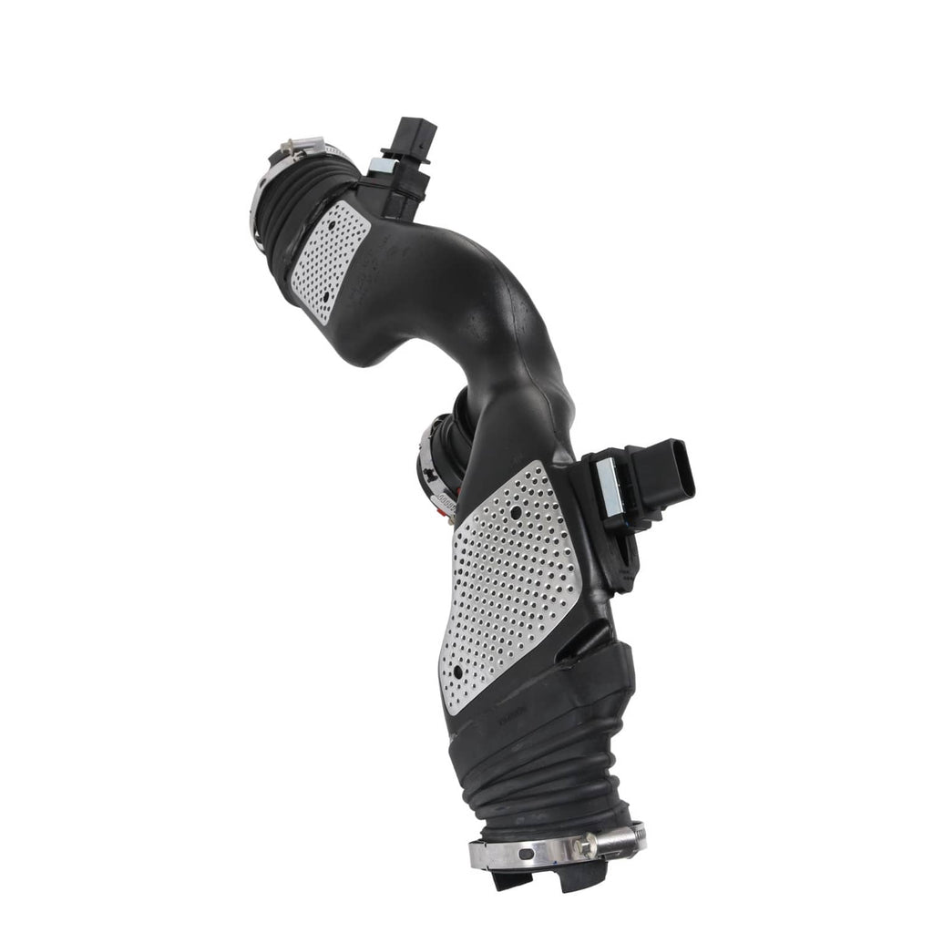 Air mass sensor intake duct with perforated silver panel inserts and black corrugated hose