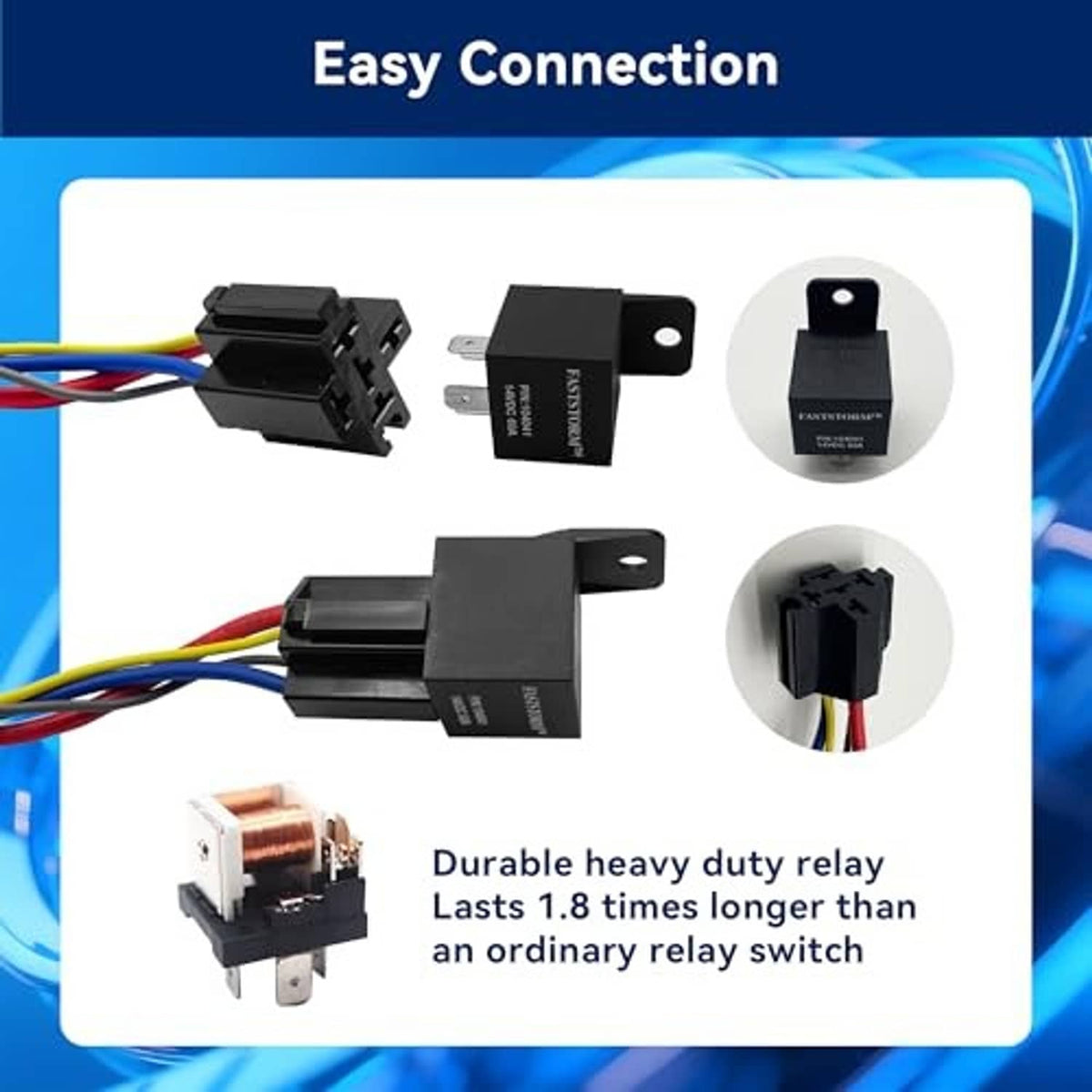 Relay wiring kit showing heavy-duty relay modules, mounting brackets, and connector plugs