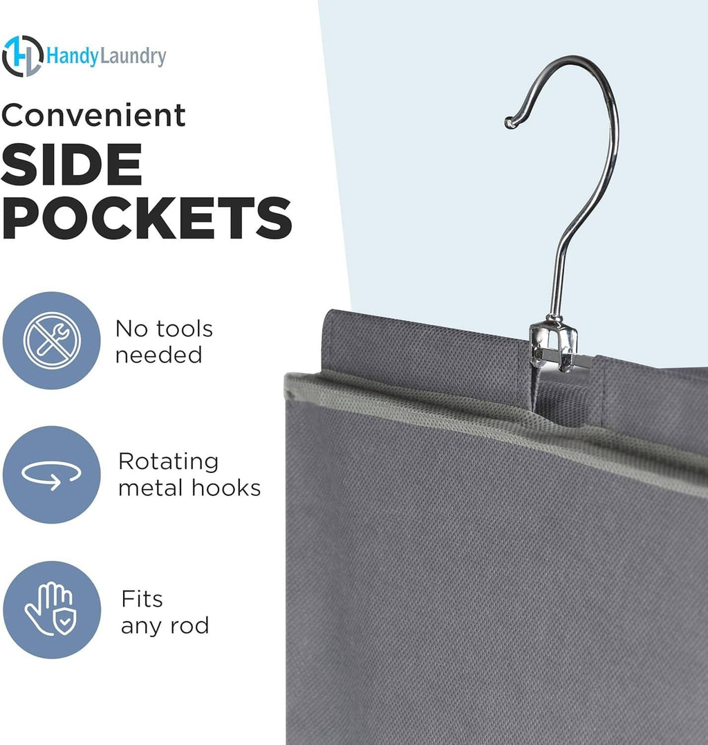 Gray hanging organizer with rotating metal hooks for a closet rod