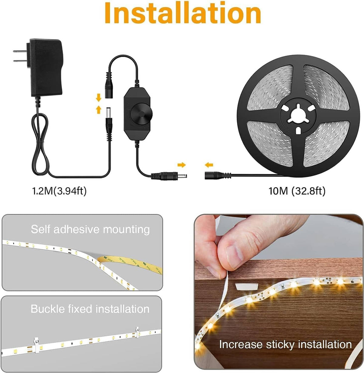 LED strip light installation kit with reel, power supply, cables, and adhesive mounting pieces