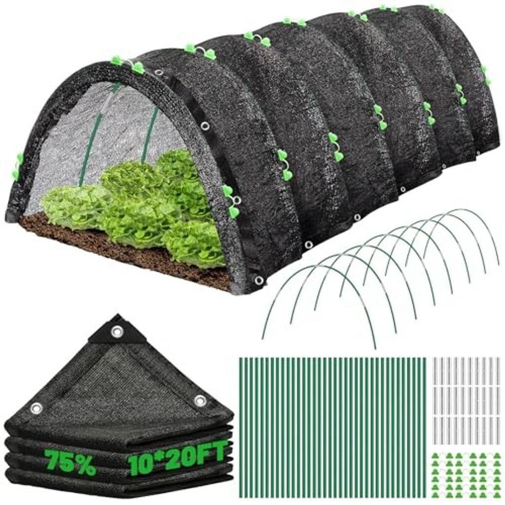 Garden shade cloth with hoops set, dark gray fabric tunnel with green clips and metal arch supports