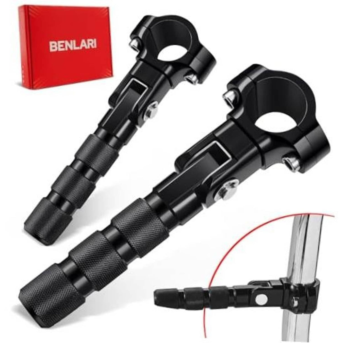 Black motorcycle foot pegs with textured grips and mounting clamps, stainless steel.
