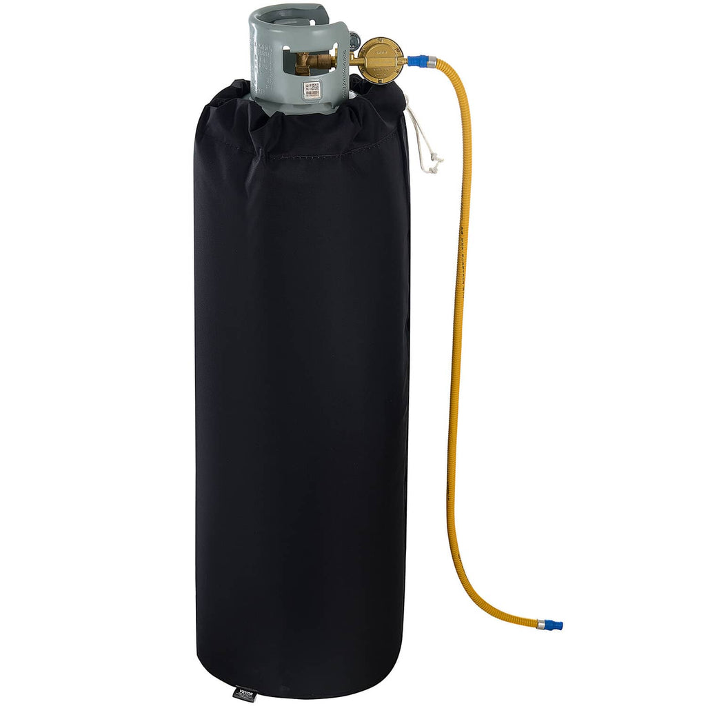 Black insulated gas cylinder warmer cover with top valve unit and yellow power hose.