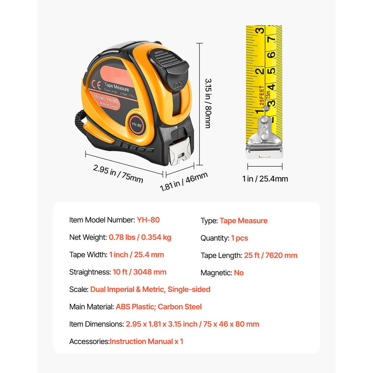 Retractable tape measure with size details and silver hook; dual Imperial and metric scale.