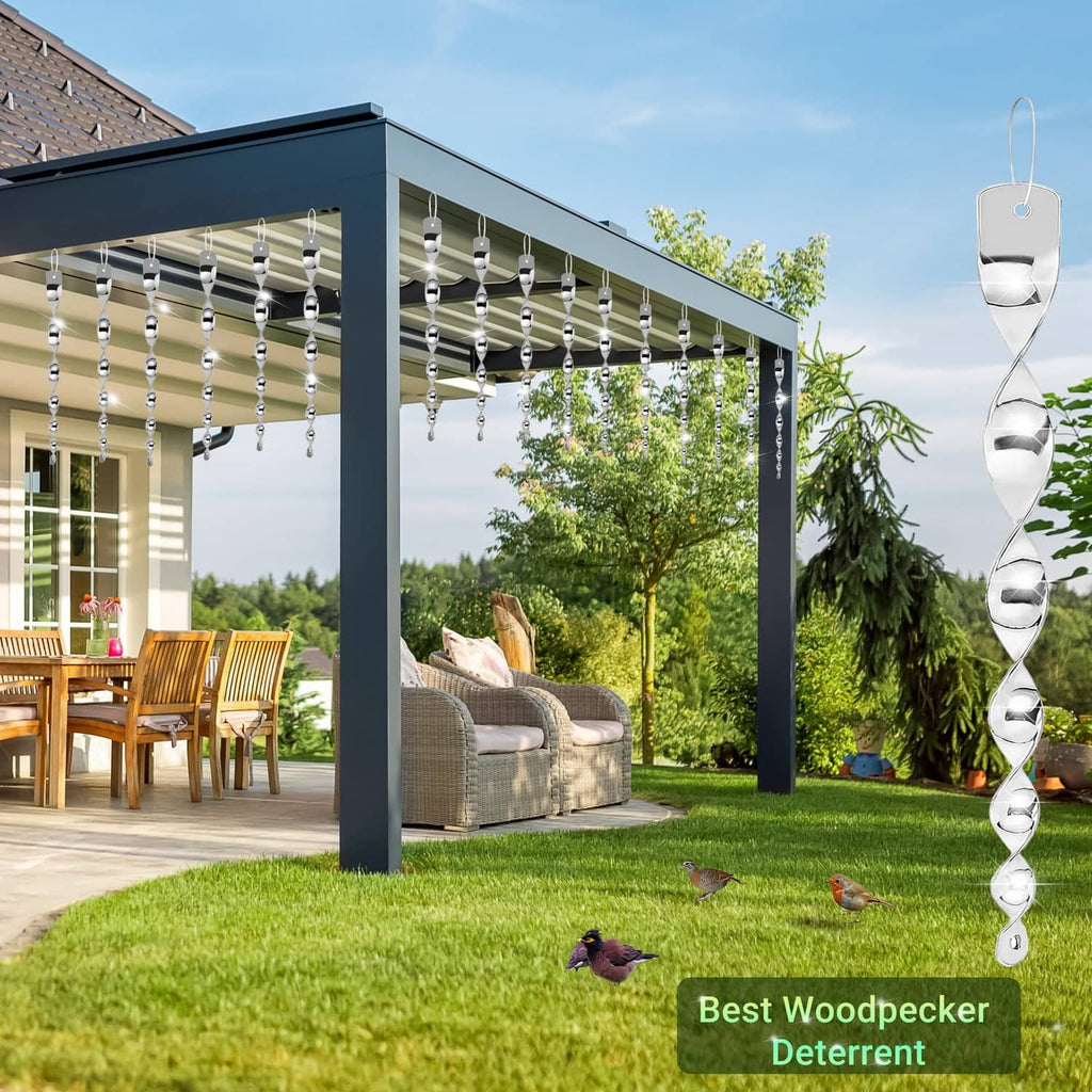 Silver wind-driven woodpecker deterrent spinner chain for outdoor mounting, oval reflective parts