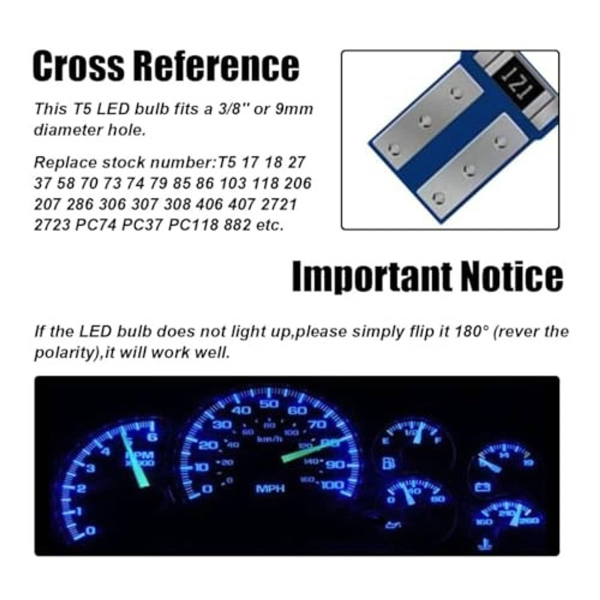 T5 LED bulb with cross-reference diagram, shown with a blue-lit instrument cluster