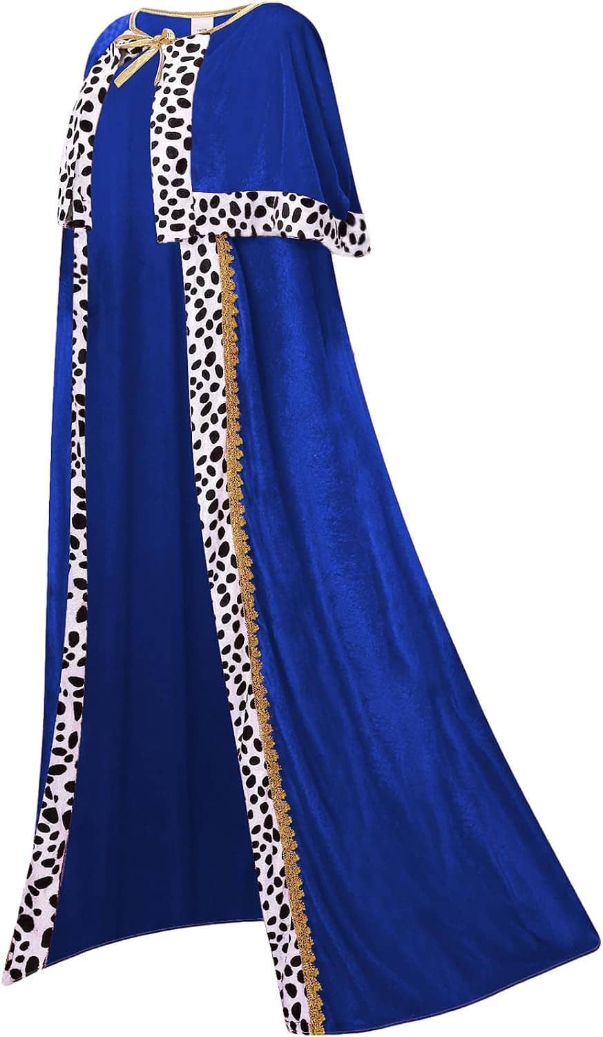 Royal blue full-length cloak robe with leopard-print panels and flowing A-line drape