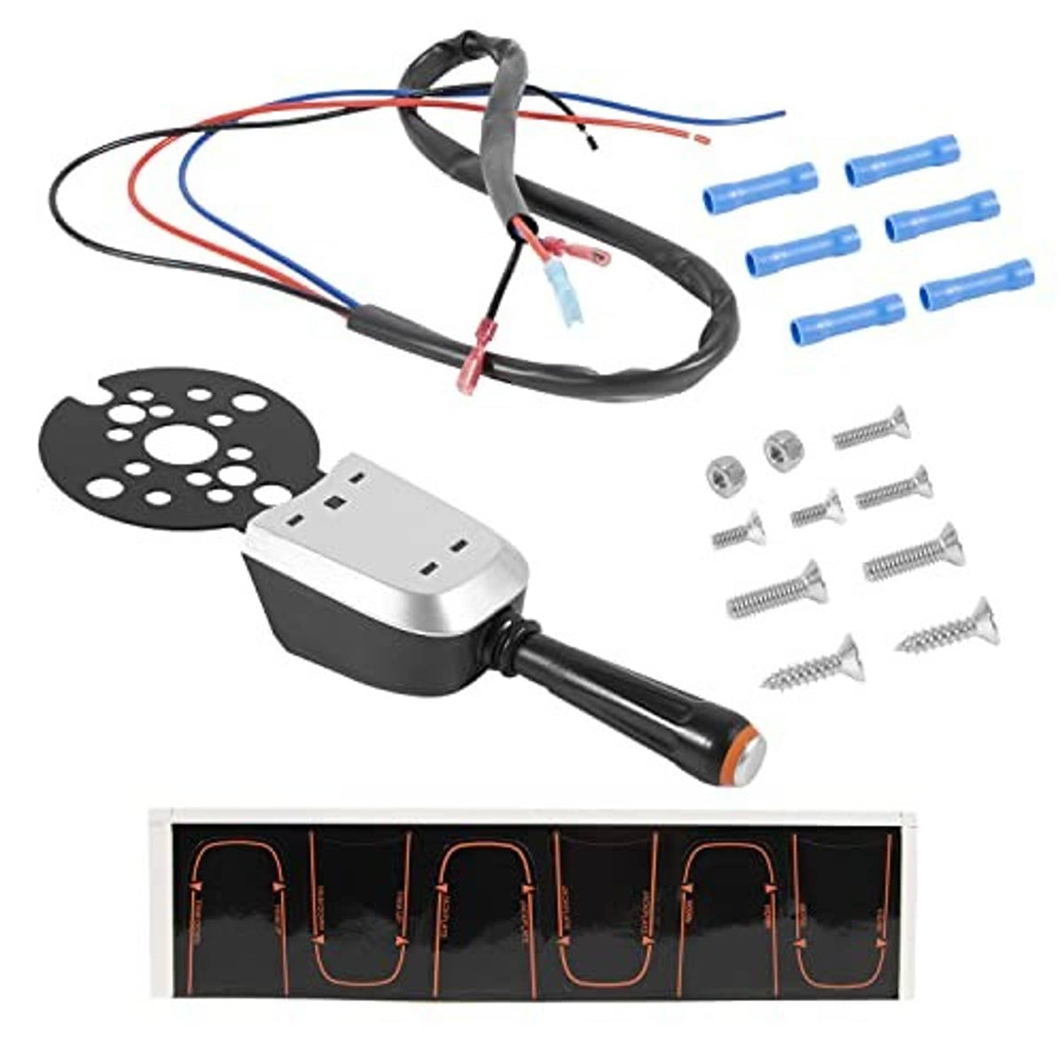 Engine trim control switch kit with black cable harness, silver module, and mounting screws