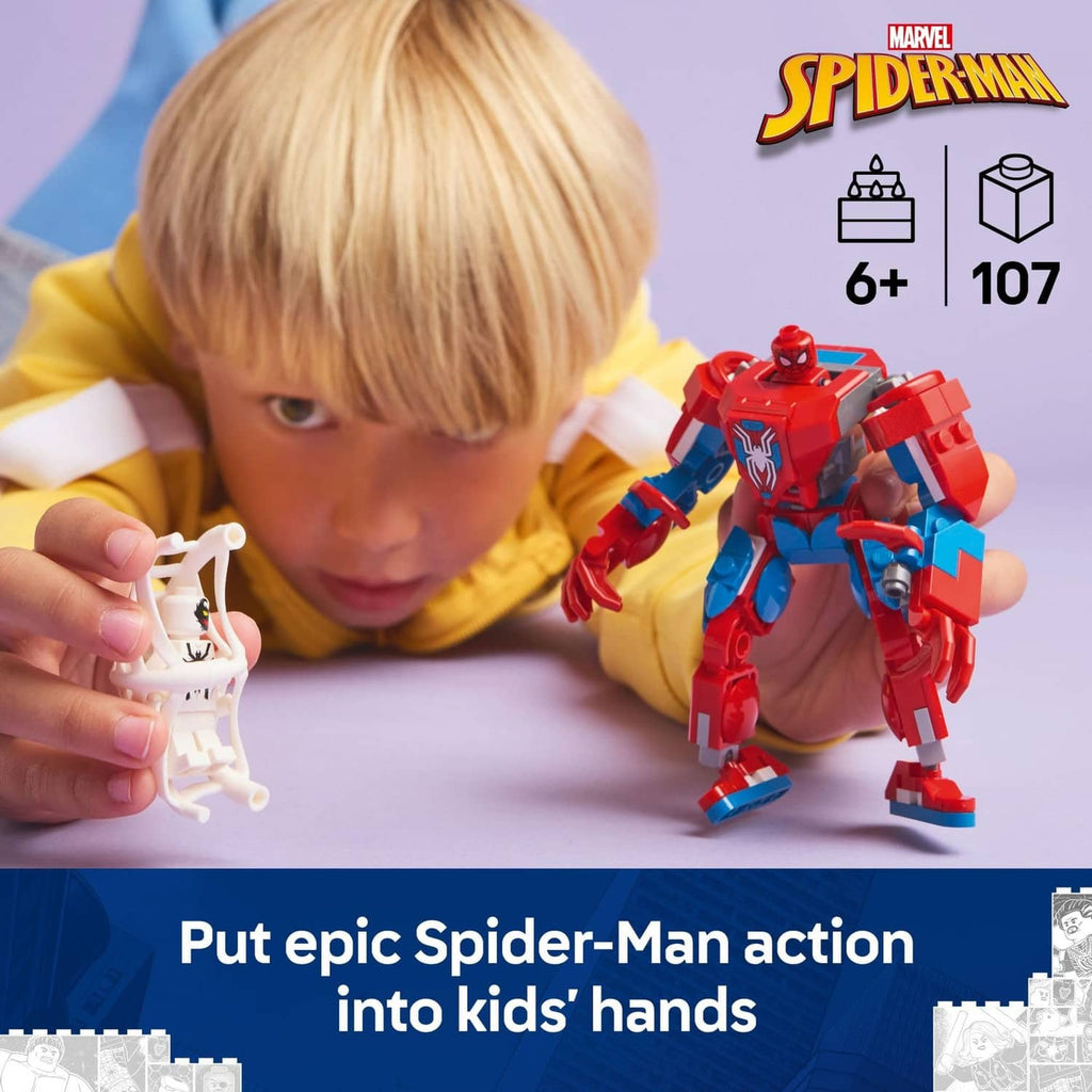 LEGO Marvel mech toy figure in red and blue with white web accessory, held by hands