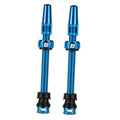 Blue aluminum Presta tubeless valve stems, 85mm length, with black base caps