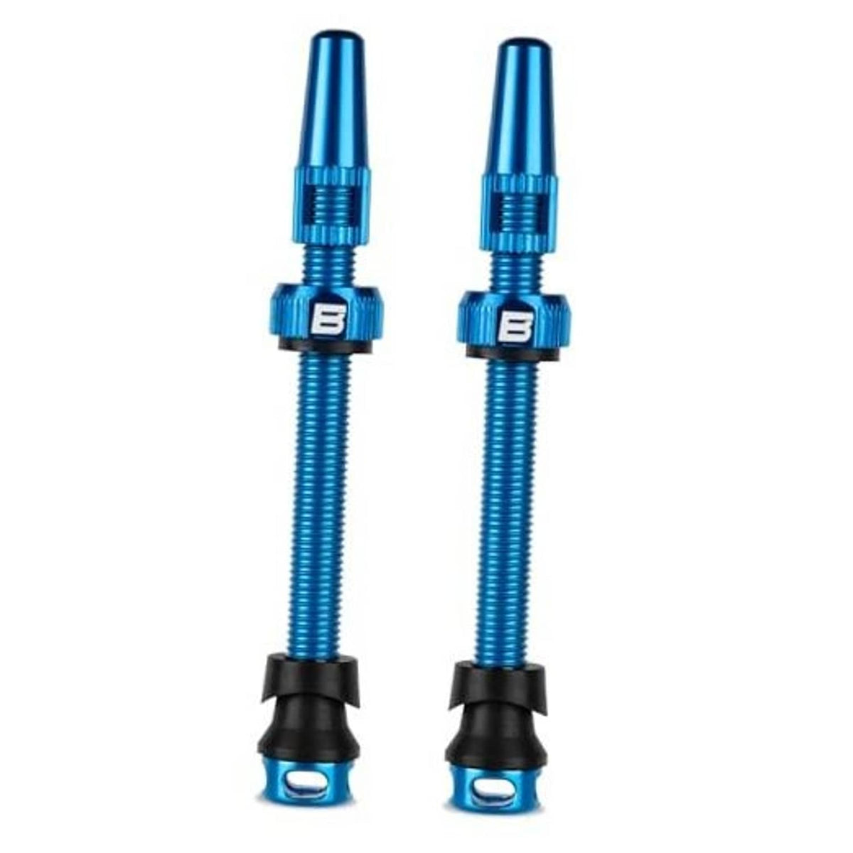 Blue aluminum Presta tubeless valve stems, 85mm length, with black base caps