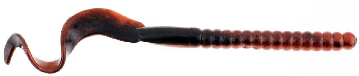 Soft plastic fishing worm with dark head and maroon segmented body, curled tail
