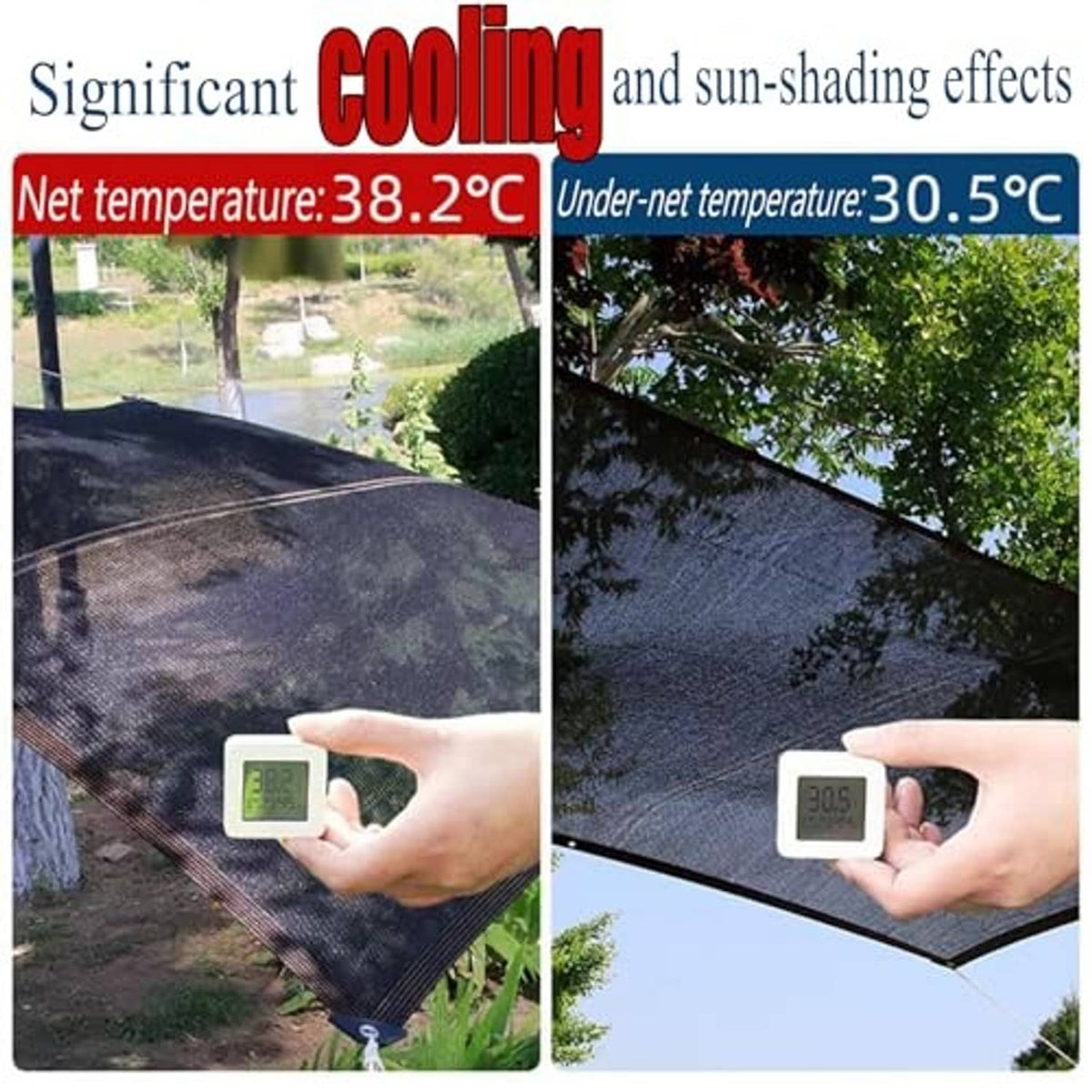 Black shade cloth tarp outdoors with hand-held thermometer near the fabric surface