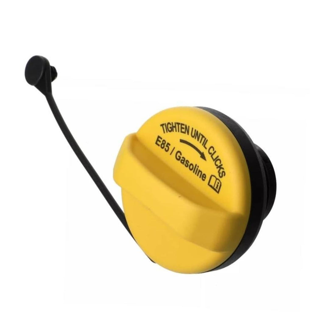 Yellow fuel filler cap with black hose and “Tighten until Click” label