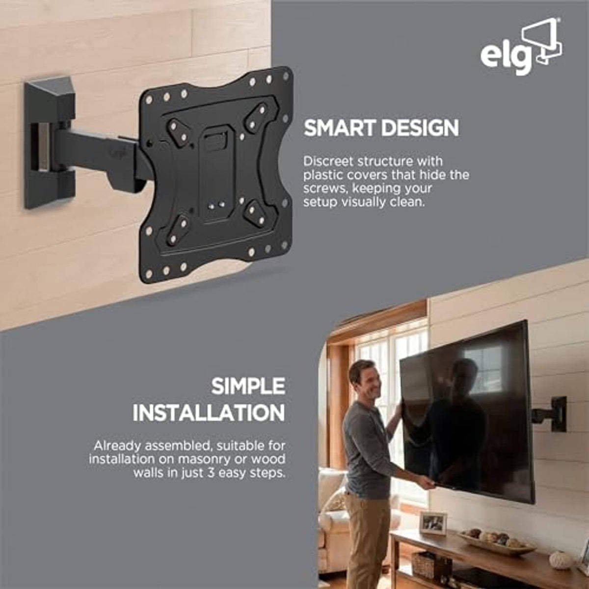 Black TV wall mount bracket with slim cover design on a wall