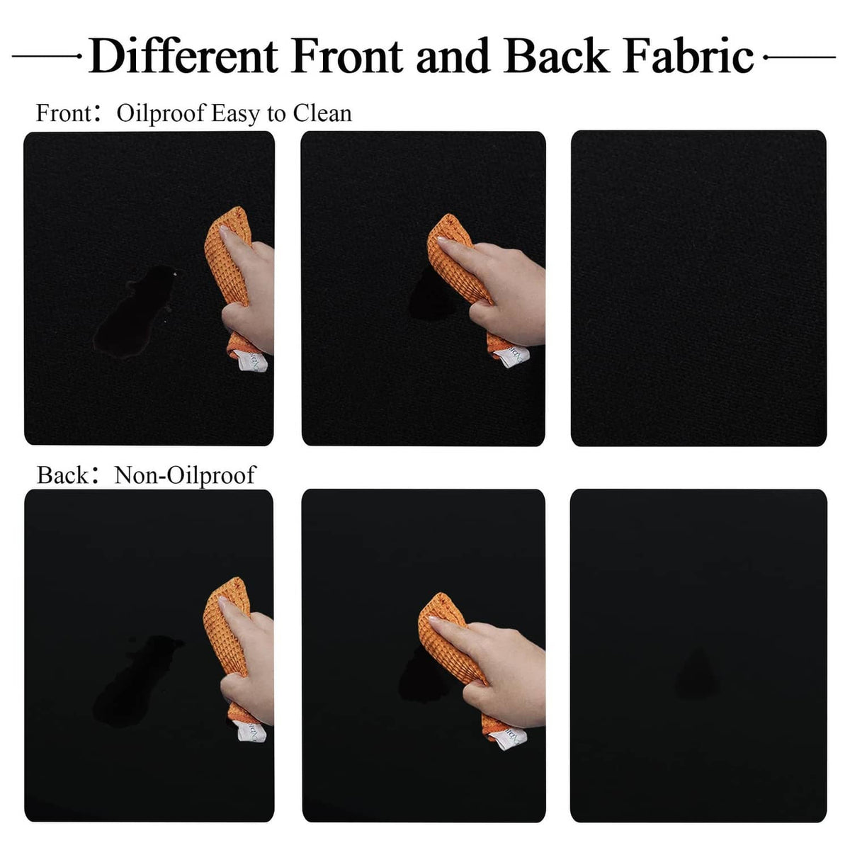 Round table cloth showing front oilproof and non-oilproof back surfaces