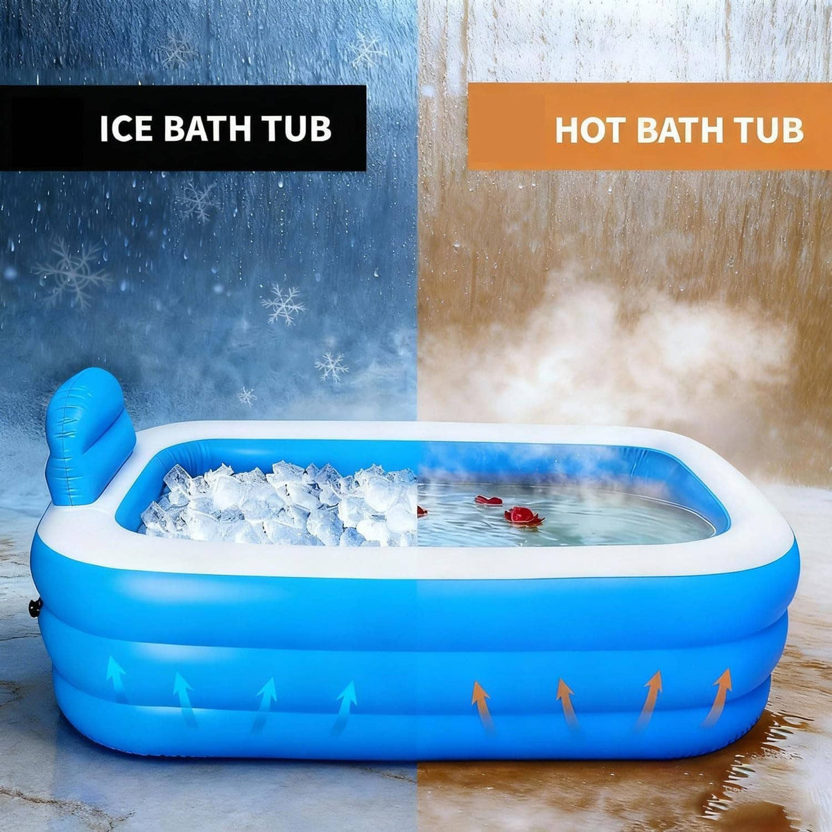 Blue inflatable bathtub with raised headrest, shown with ice bath water effect