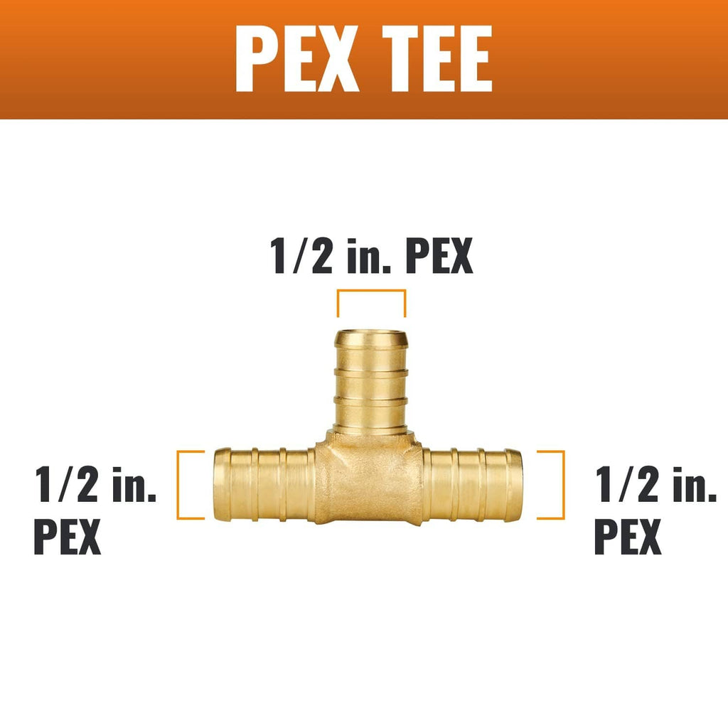 Brass 1/2 in PEX tee fitting with three 1/2 in ports, size diagram