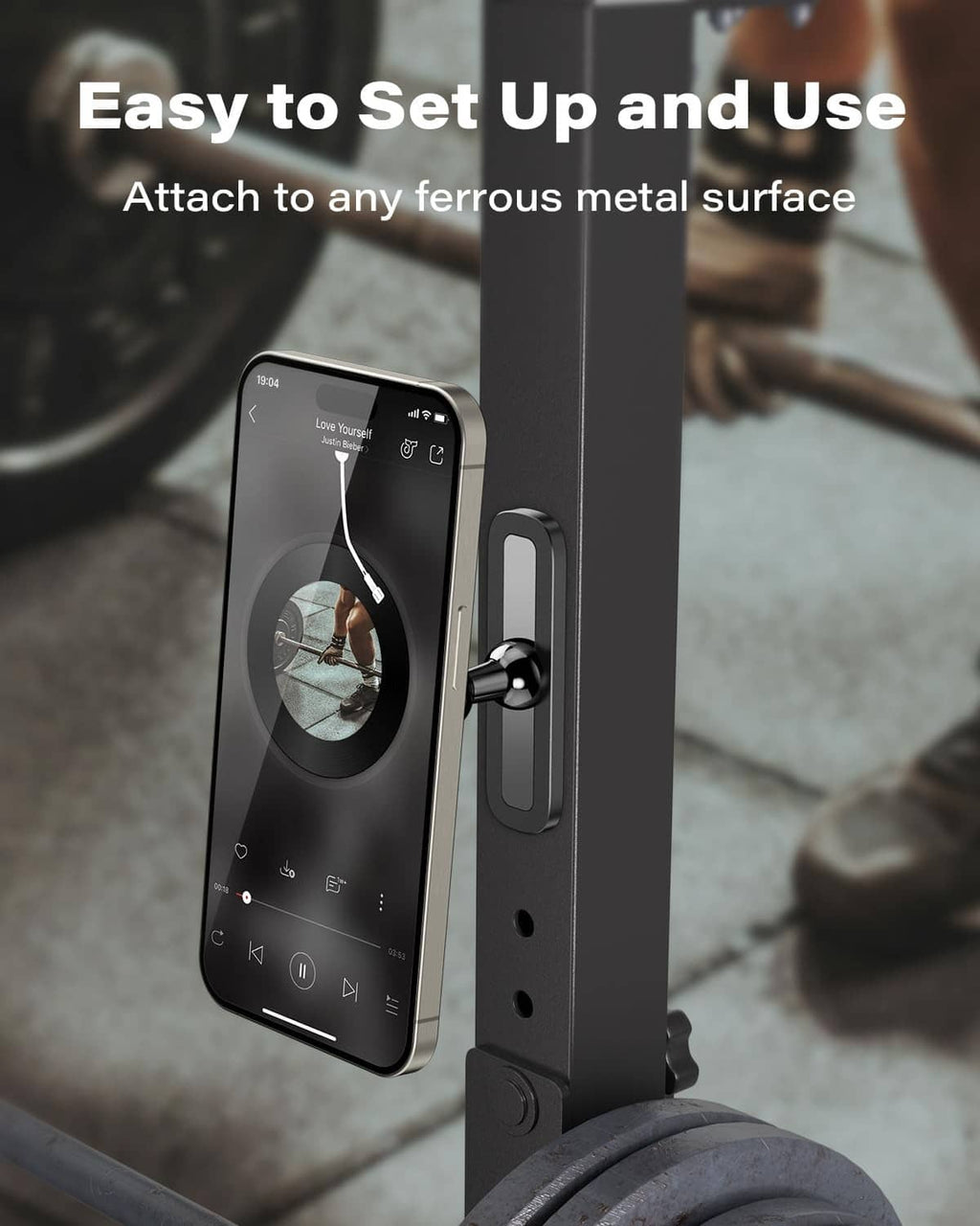 Black magnetic phone holder mounted on metal surface with ball-joint arm