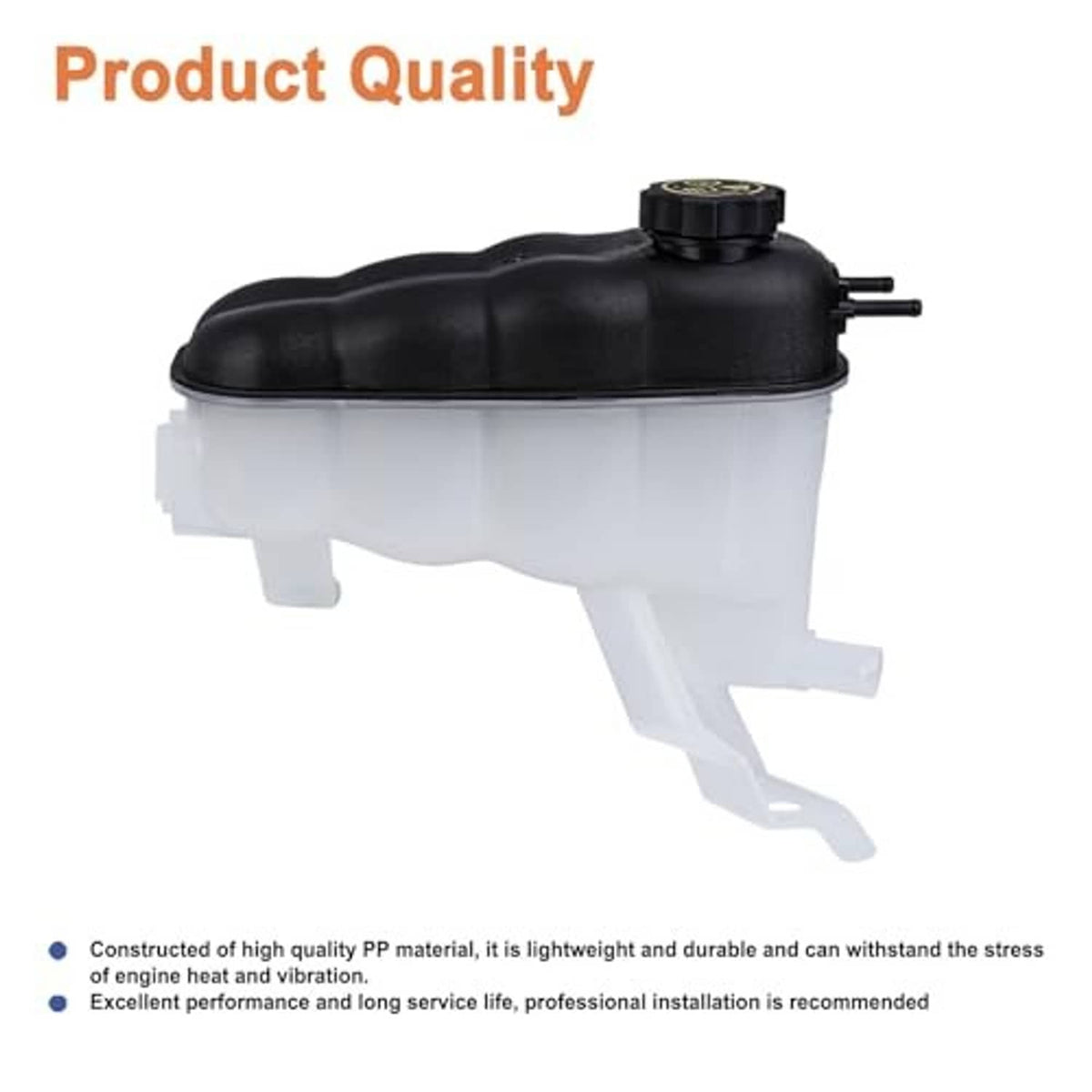 Engine coolant reservoir tank with cap, black cover and white body with mounting points
