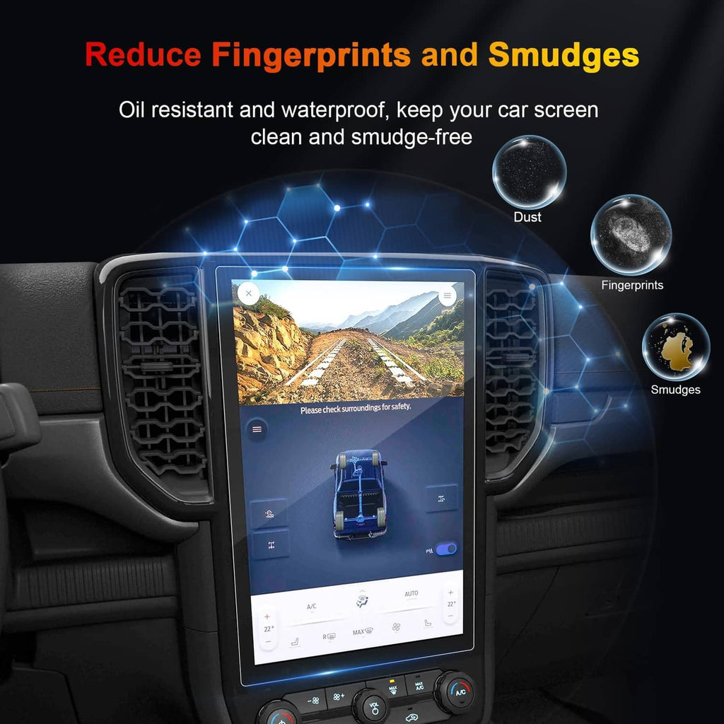 Clear tempered glass screen protector on dashboard touchscreen, protective coating
