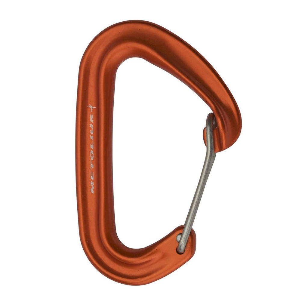 Orange carabiner with flared nose gate, metal latch, and side markings