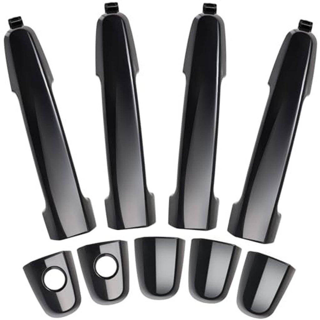 Black exterior door handle set, curved lever style with circular keyless pull openings (4 pcs).