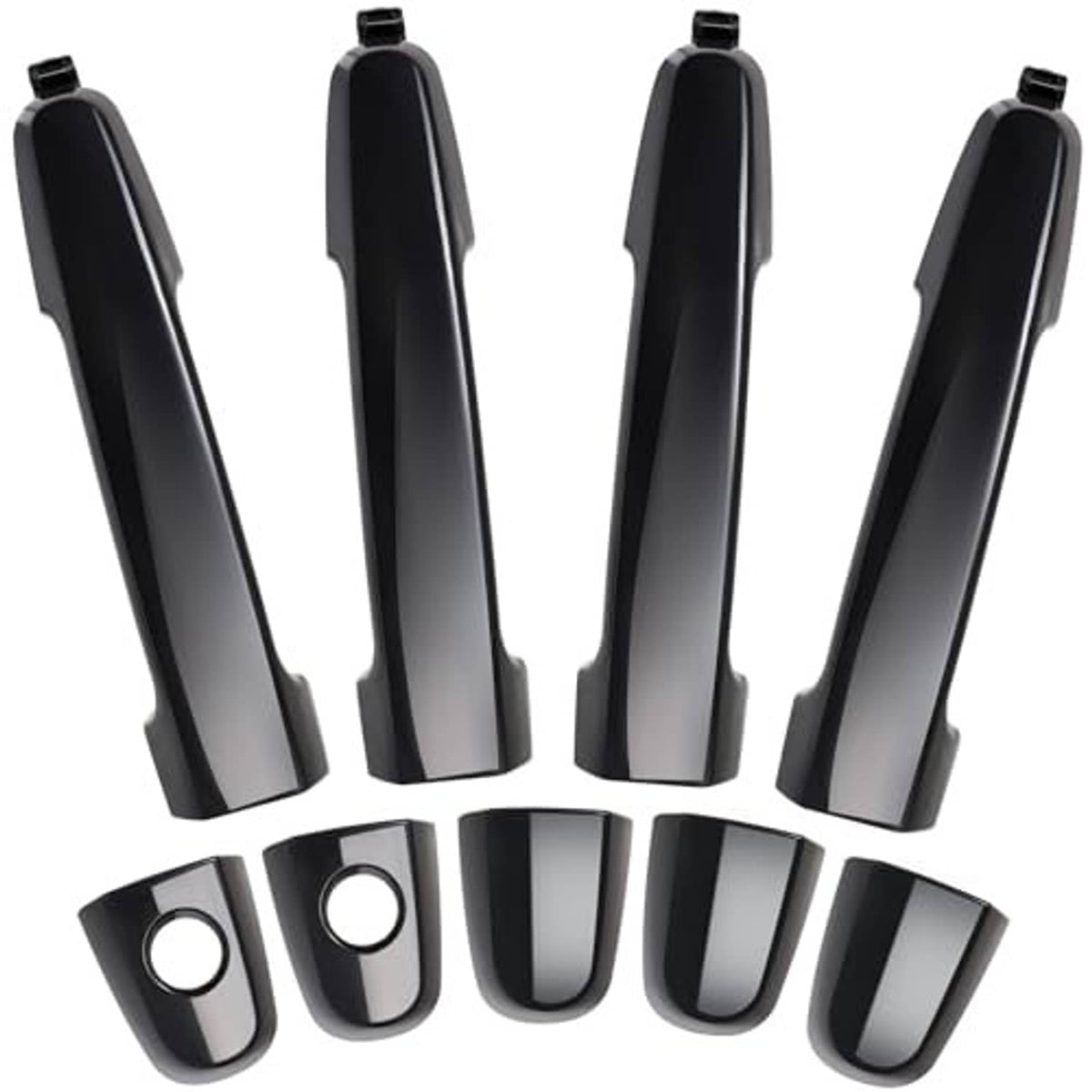 Black exterior door handle set, curved lever style with circular keyless pull openings (4 pcs).