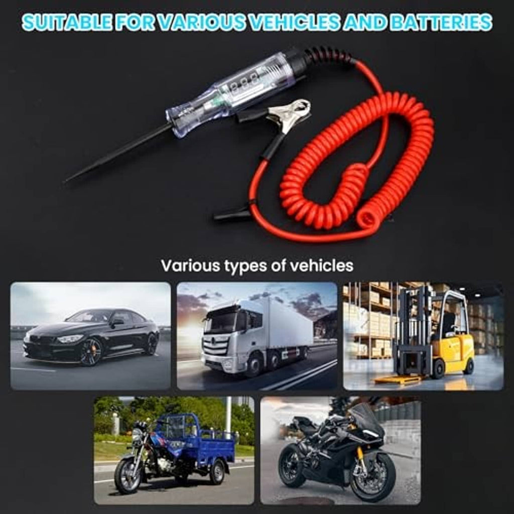 Automotive voltage tester set with translucent probe, clamp, and red coiled cord