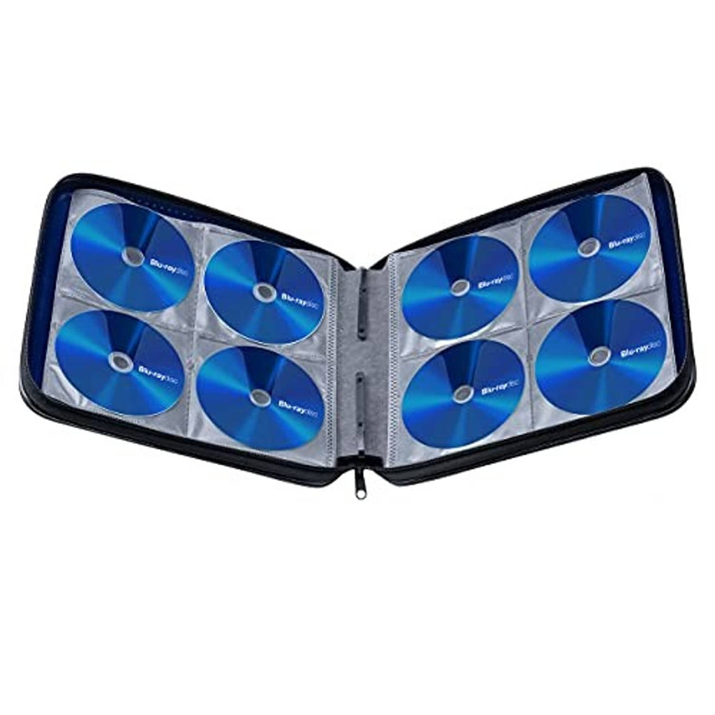 Blue CD storage case open with eight disc sleeves and zipper