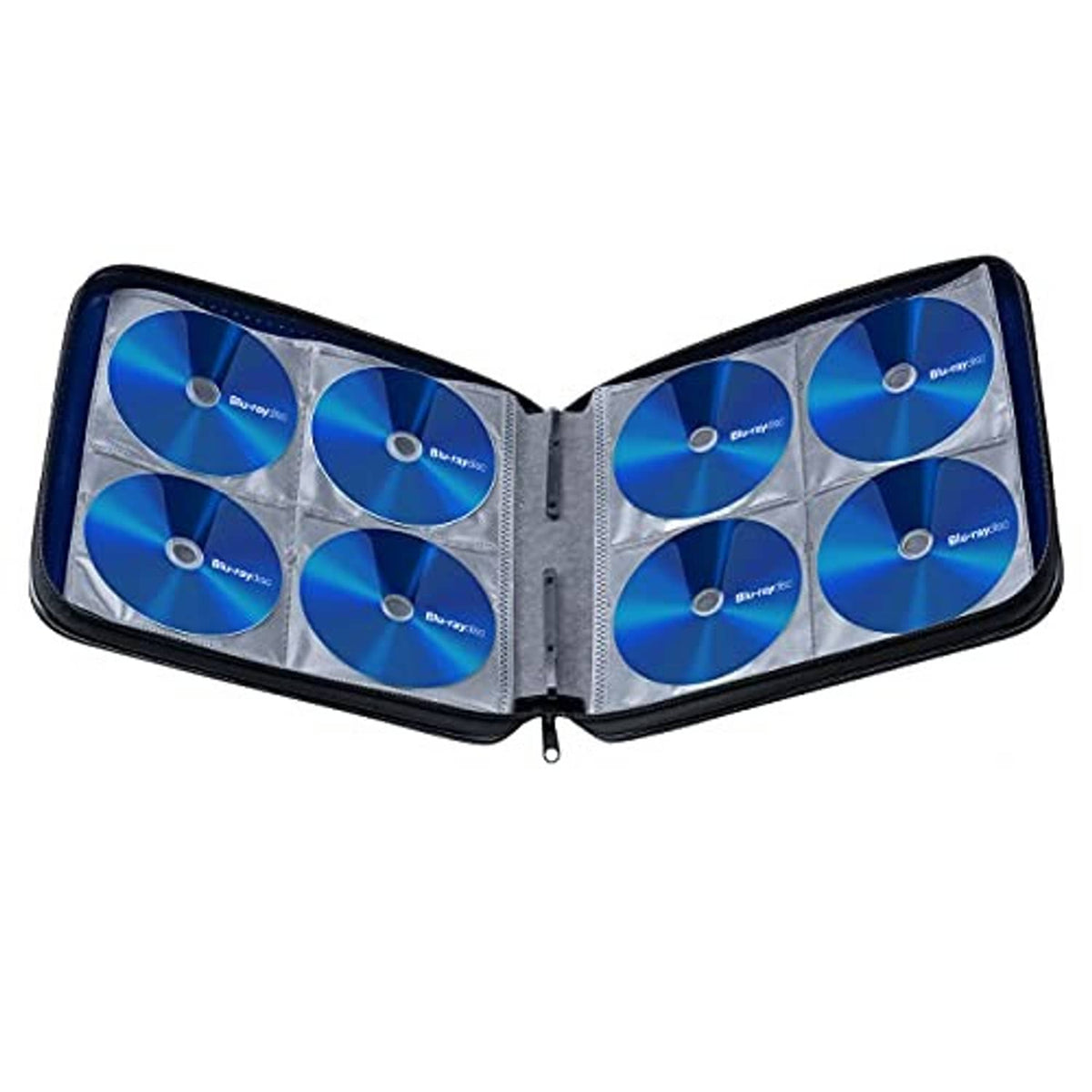 Blue CD storage case open with eight disc sleeves and zipper