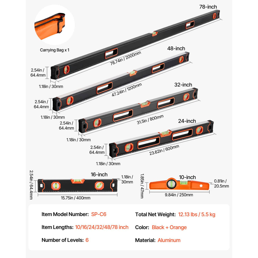 Six-piece magnetic torpedo level set, black bars with orange vials and measuring markings