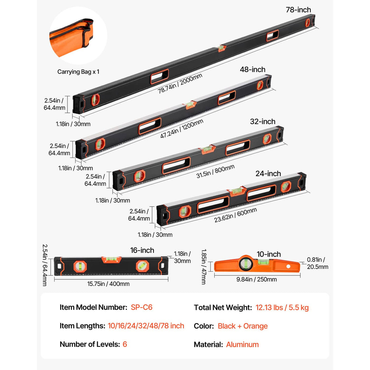 Six-piece magnetic torpedo level set, black bars with orange vials and measuring markings