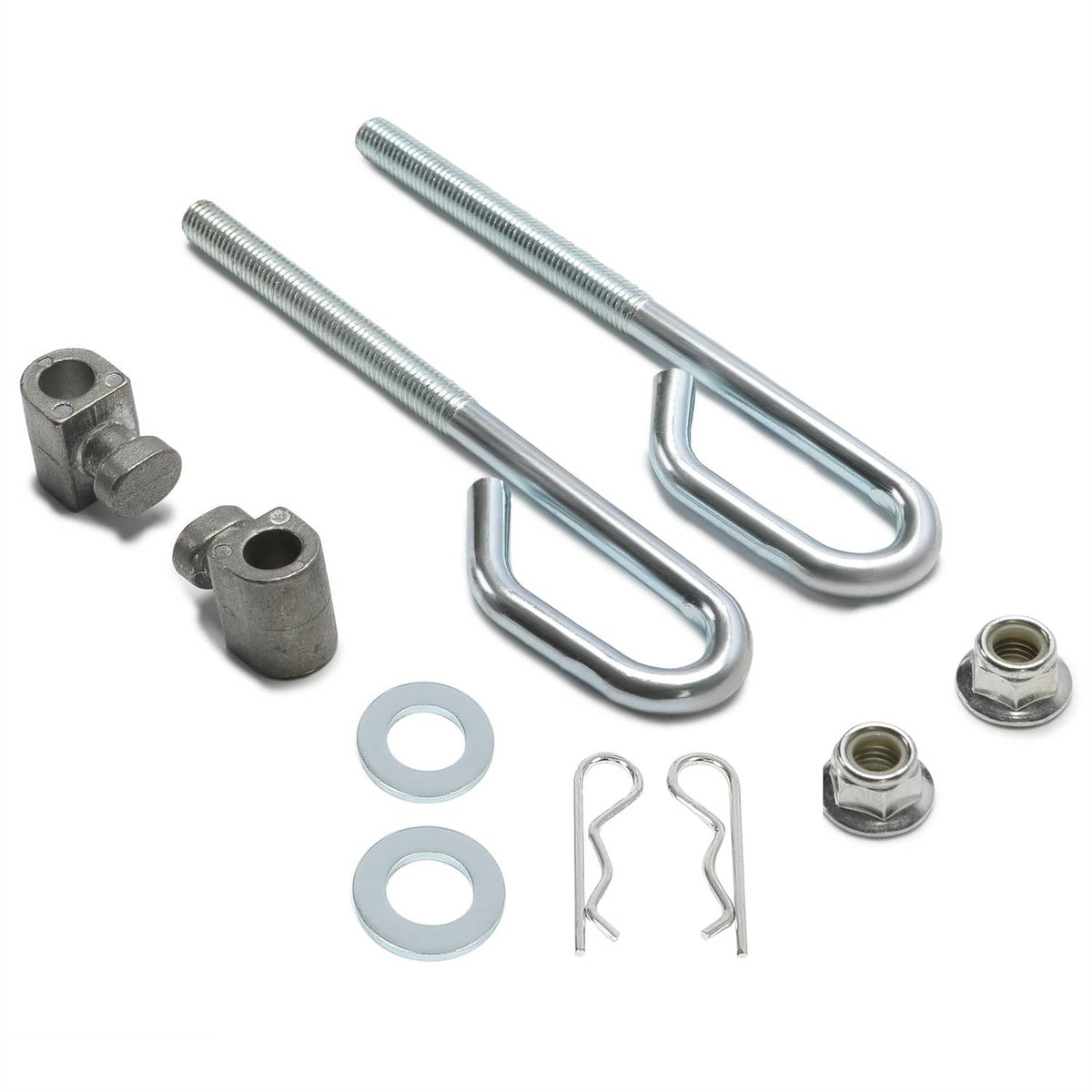 Deck lift bolt hardware kit: two U-bolts, wing cotter pins, washers, and mounting nuts