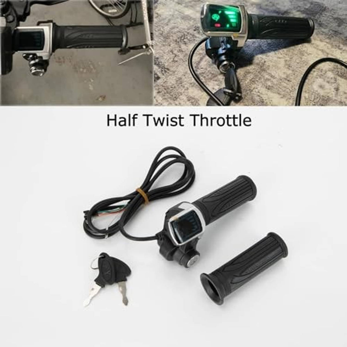 48V half-twist throttle controller with LED screen, black grips, keys and cable bundle