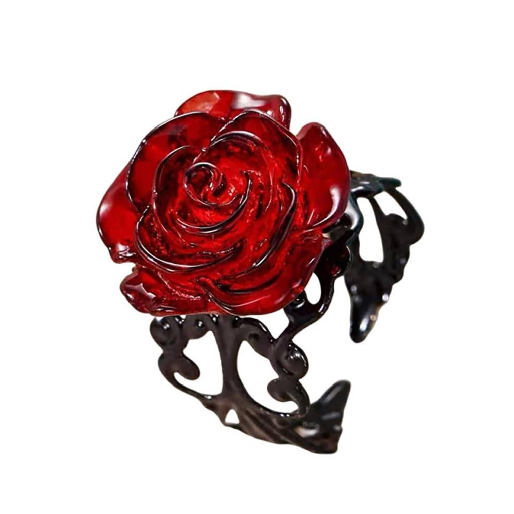 Dark red rose openwork gothic statement ring with black scroll accents, adjustable