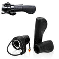 Black electric bike throttle handle set with textured rubber grips and control cable