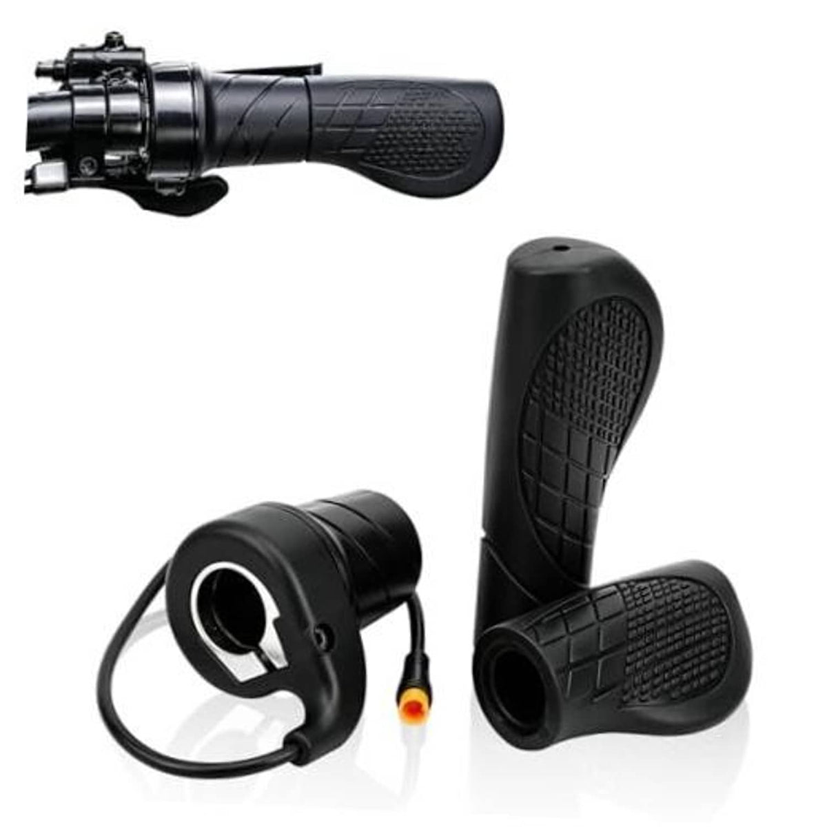 Black electric bike throttle handle set with textured rubber grips and control cable